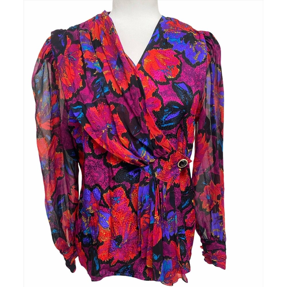 Vintage Adrianna Papell Size 6 100% Silk Surplice Floral Pleated Evening Blouse